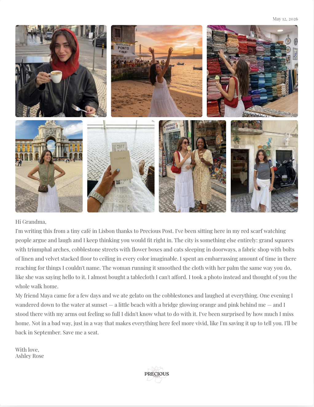 Example Precious Post letter — traveler writing to grandma