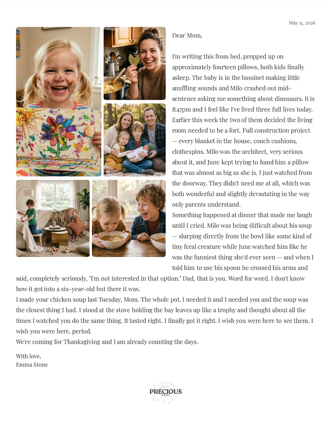 Example Precious Post letter — mom writing to out-of-state parents